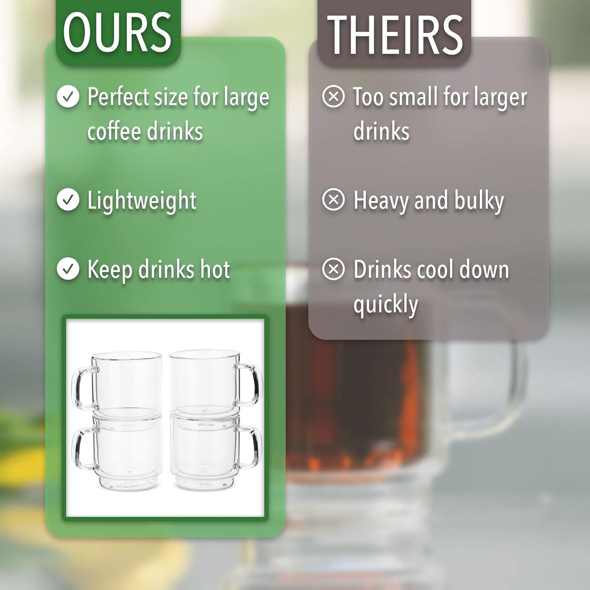 BTaT- Stackable Double Wall Glass Cups, Set of 4 (8 oz, 240 ml), Tea and Coffee Mugs, Cappuccino, Latte Cups, Clear