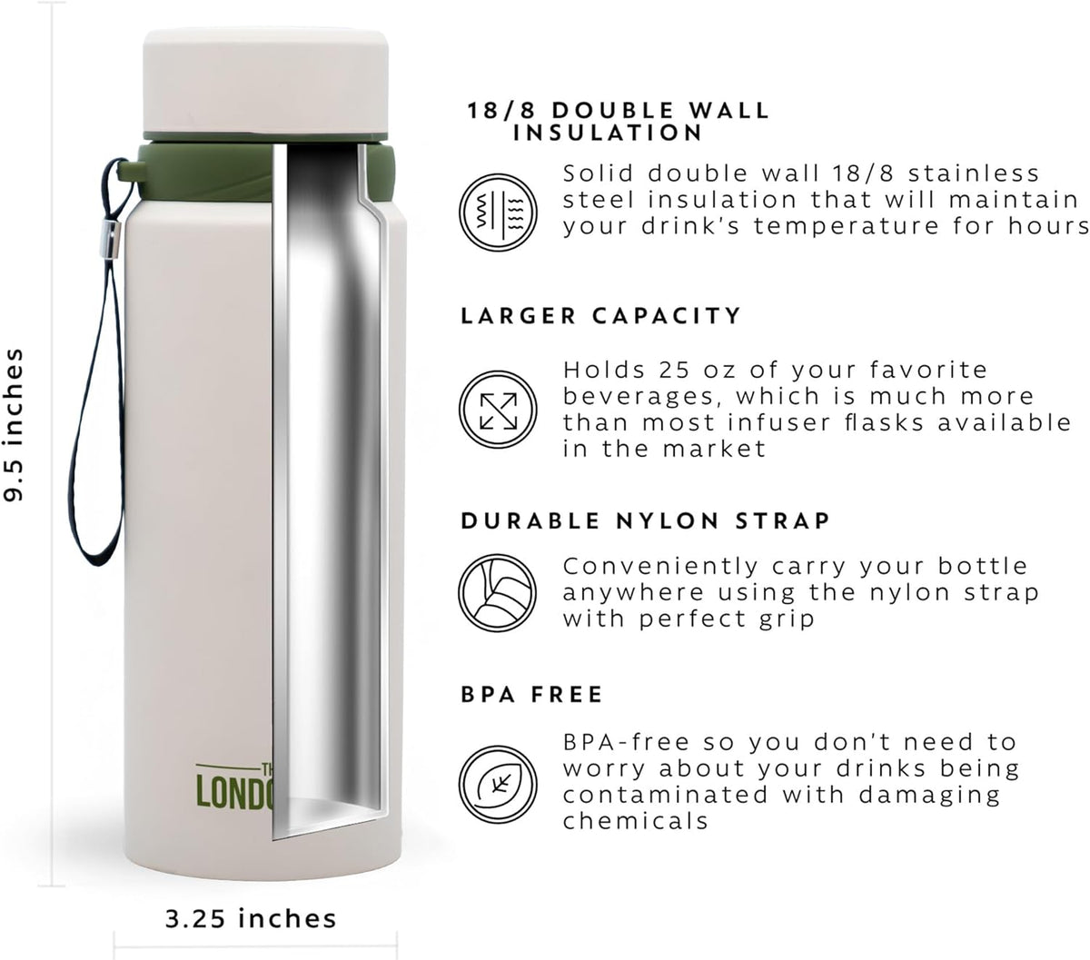 London Sip 25 oz Multi-Purpose Tea Infuser Mug – Fruit Infuser Water Bottle for Hot and Cold – Double Wall Stainless Steel Insulated, Safari Beige