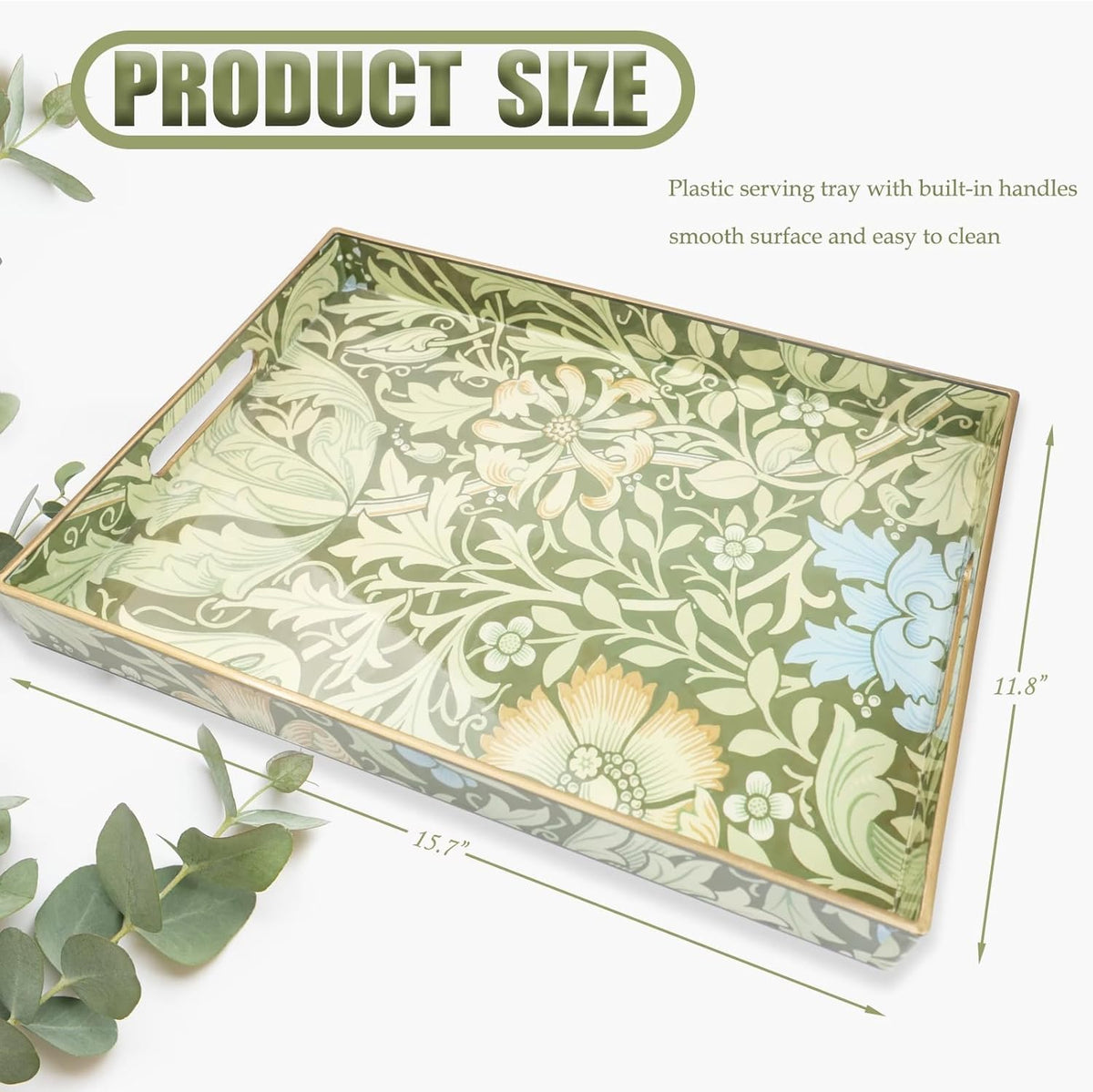 Spsyrine Serving Tray with Handles, Plastic Decorative Tray for Coffee Table, Living Room, Home Decor, 3040C