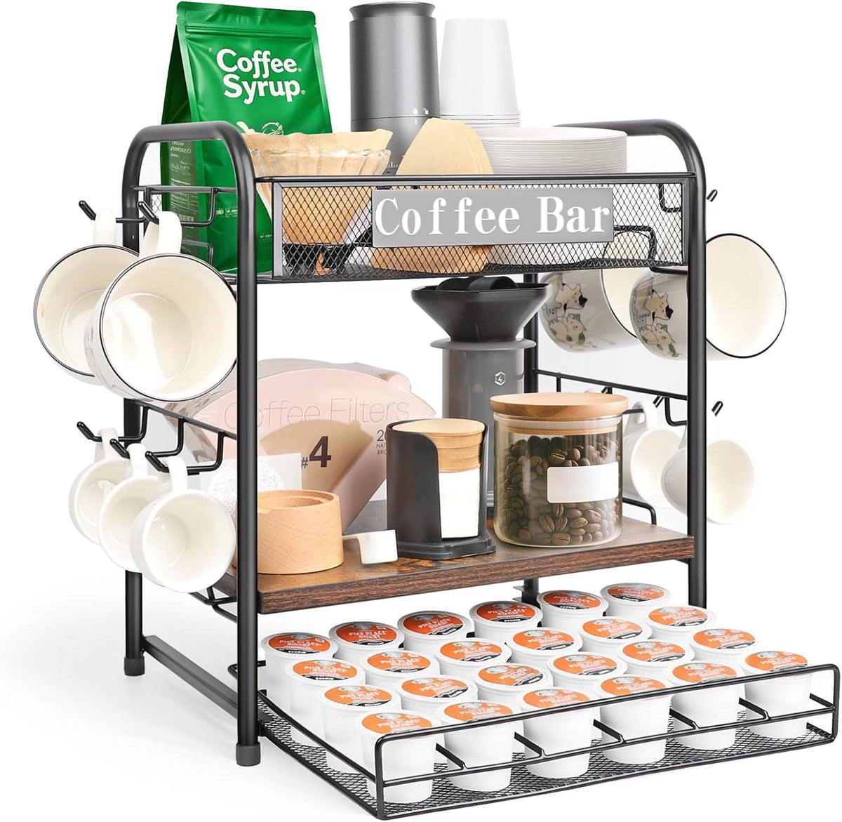 Coffee Bar Organizer, Station Mug Holder for Countertop, Multi-Functional 3 Tier Coffee Cup Tree Rack for Kitchen, Storage Shelf with 10 Hooks, K Cup Pod Organizer Drawer for Home Office