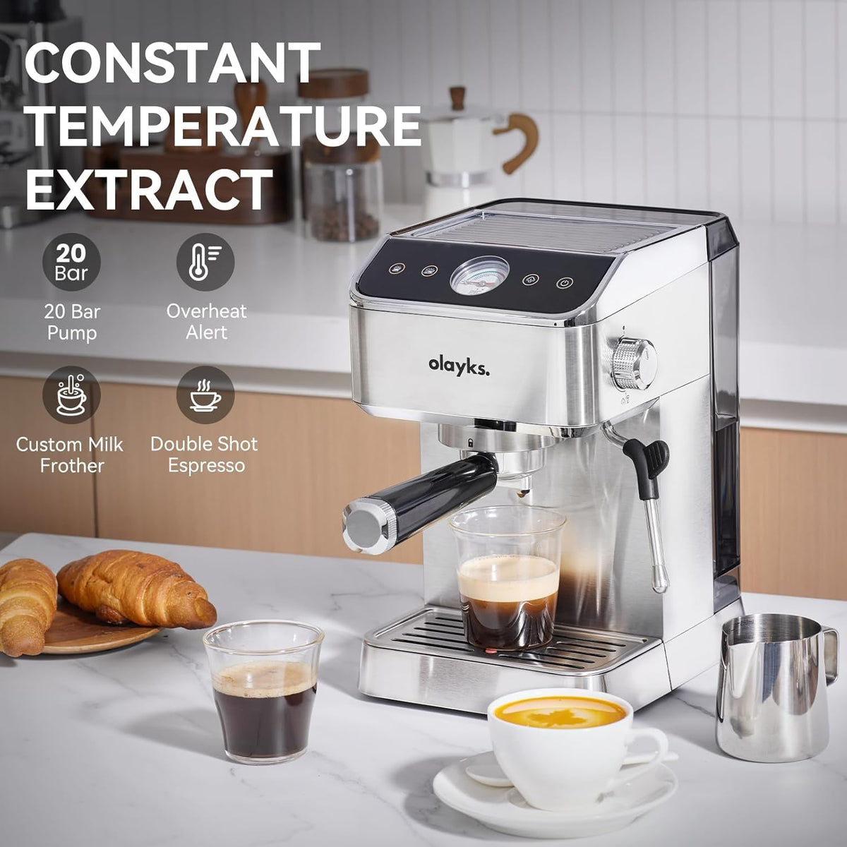 Espresso Machine 20 Bar, Brush Stainless Steel Espresso Maker with Milk Frother Steam Wand, 1400W Espresso Coffee Machine with 1.8L Removable Water Tank for Latte, Cappuccino,Machiato