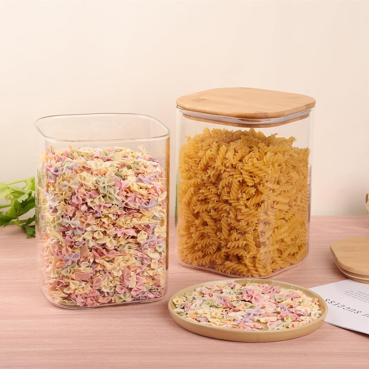 Glass Food Storage Jars 150 Set of 2,Glass Storage Containers Clear Glass Food Canister with Bamboo Lid Airtight For Serving Tea, Coffee, Flour, Sugar, Candy, Cookie, Spice and More (Square)
