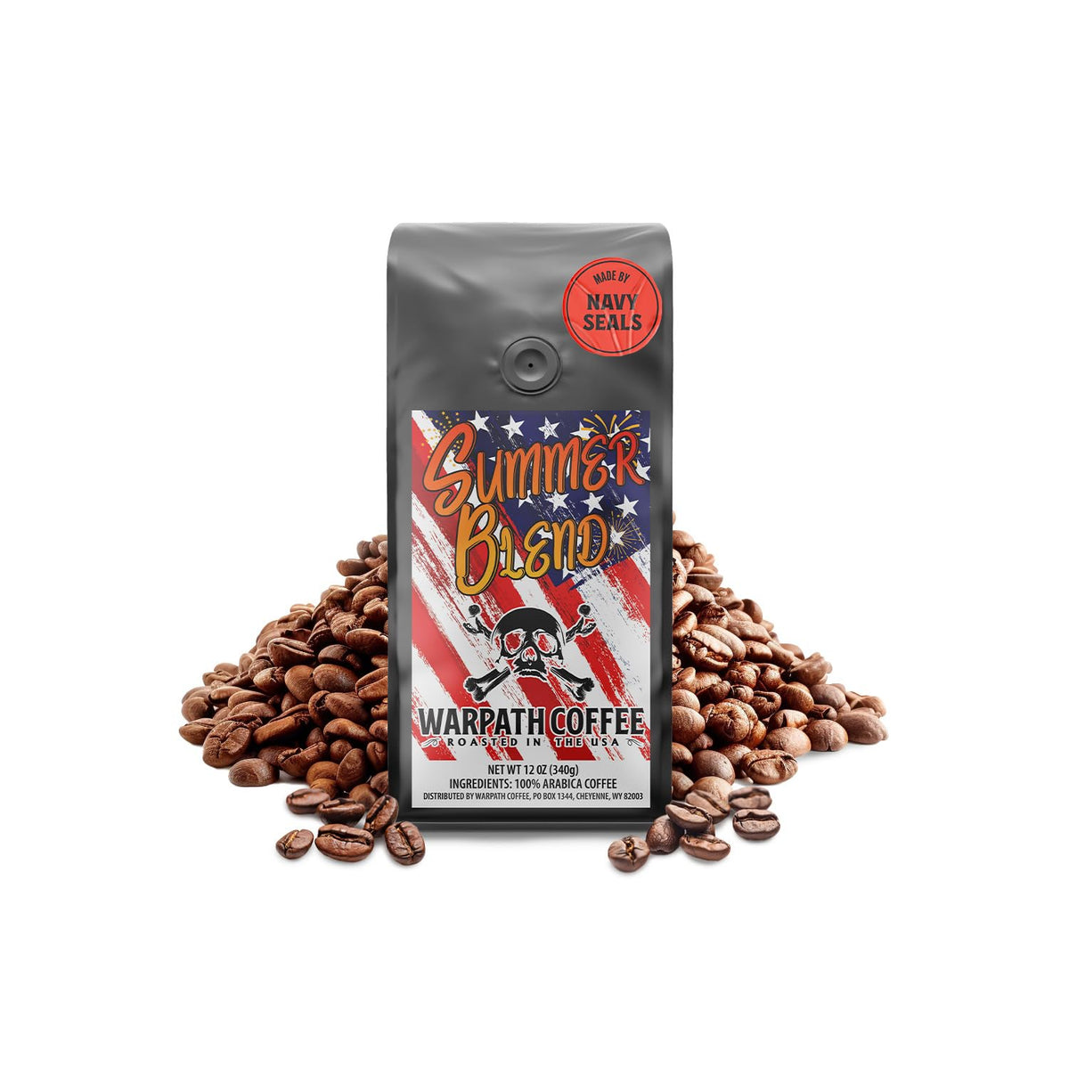 Warpath Coffee Medium Roast Whole Bean Coffee, Summer Blend, High Caffeine, Extra Strong Roasted 100% Arabica Coffee Beans Whole, Caribbean Inspired Blue Mountain Blend, Created by Navy SEALs, 12oz