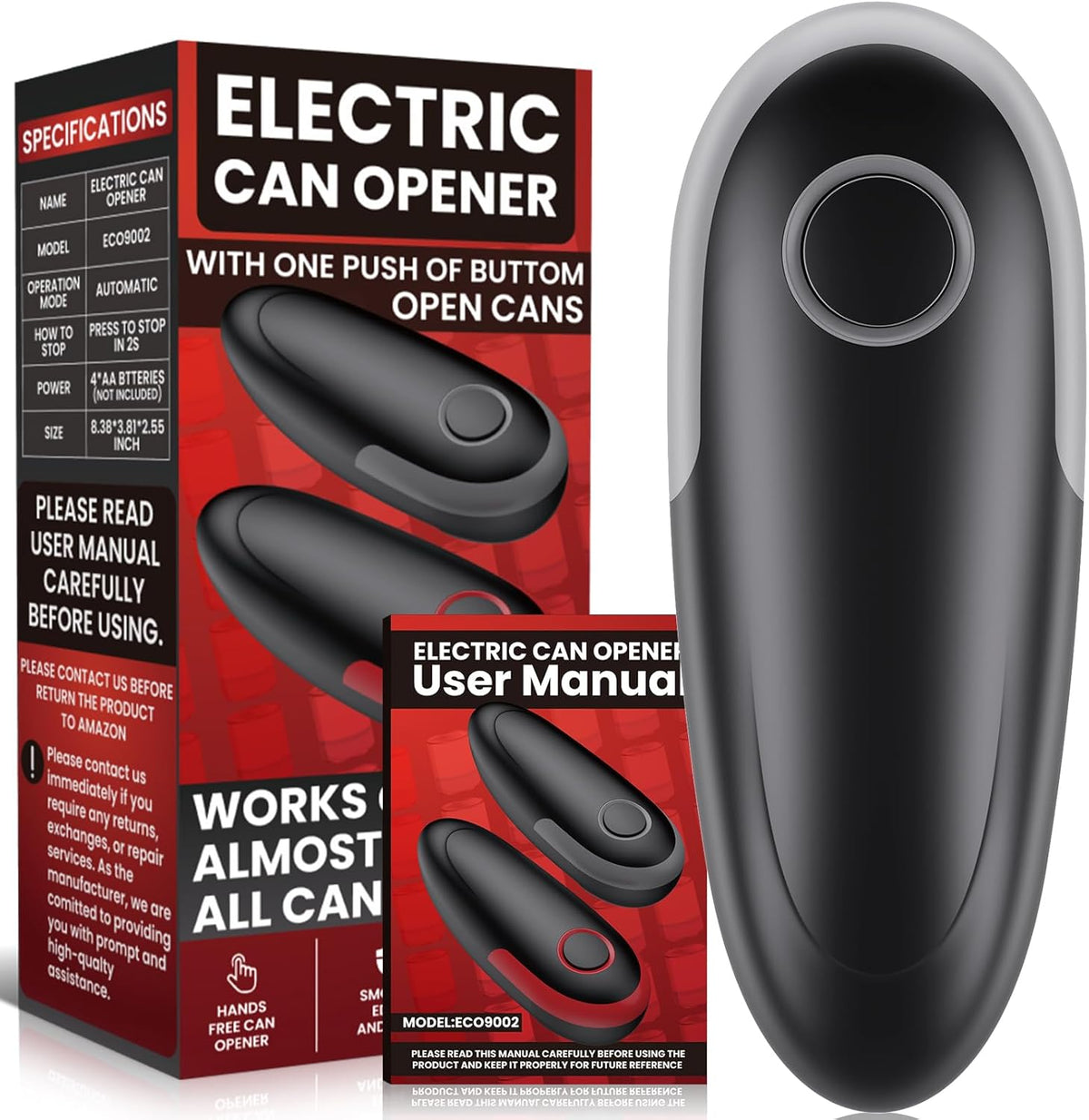 One Touch Electric Can Opener Fits All Can Sizes, Electric Can Openers for Kitchen Food Safe with Smooth Edge, Kitchen Gadgets Automatic Can Opener for Seniors, Arthritis and Chef（Black)