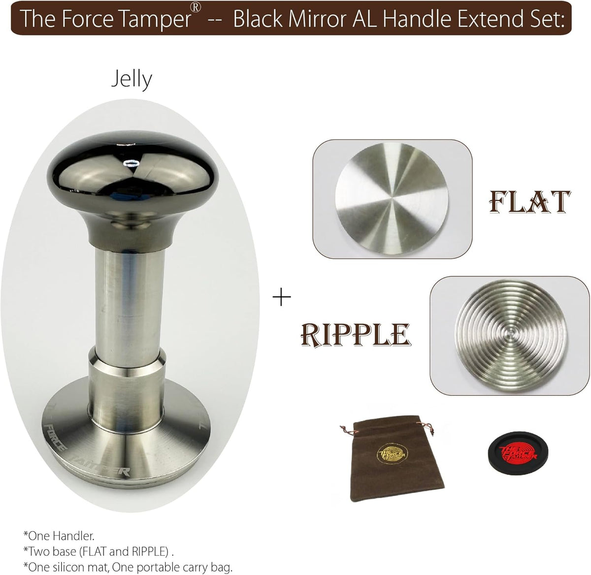 The Force Tamper Automatic Impact Coffee Tamper Adjustable Const Pressure and Autoleveling Extend Set New (Jelly-Black Mirror AL, 54.00mm)