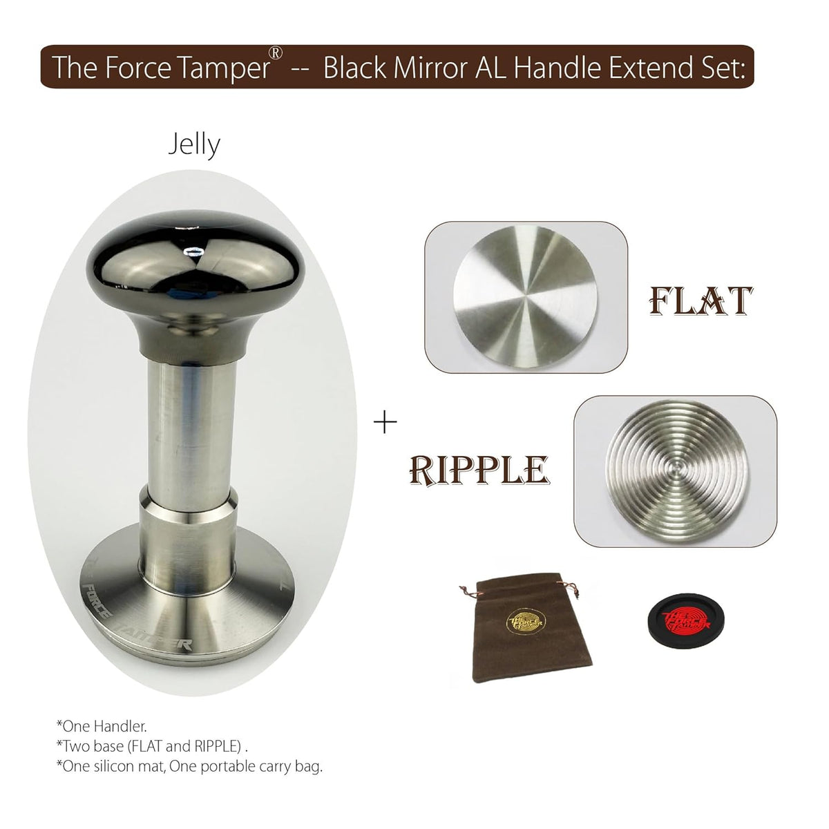 The Force Tamper Automatic Impact Adjustable Constant Pressure and Autoleveling Coffee Tamper Black Mirror Jellyfish AL Handle Set Pro (Extend Set, 53.50mm)