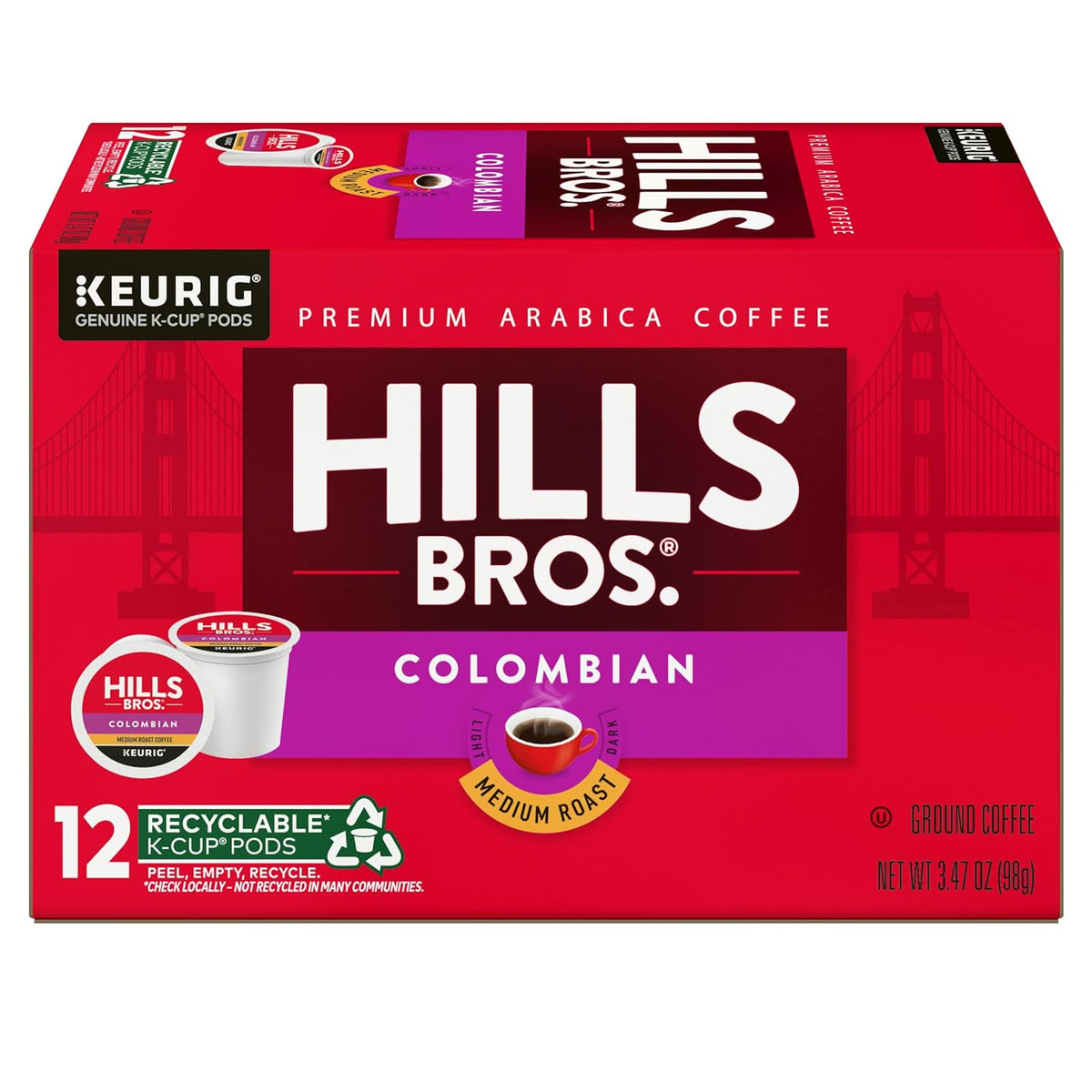 Hills Bros. Colombian Blend Keurig K-Cup Pods for Keurig Brewers – Medium Roast Premium Arabica Blend, Kosher – 1 Pack of 12 Single Serve Pods