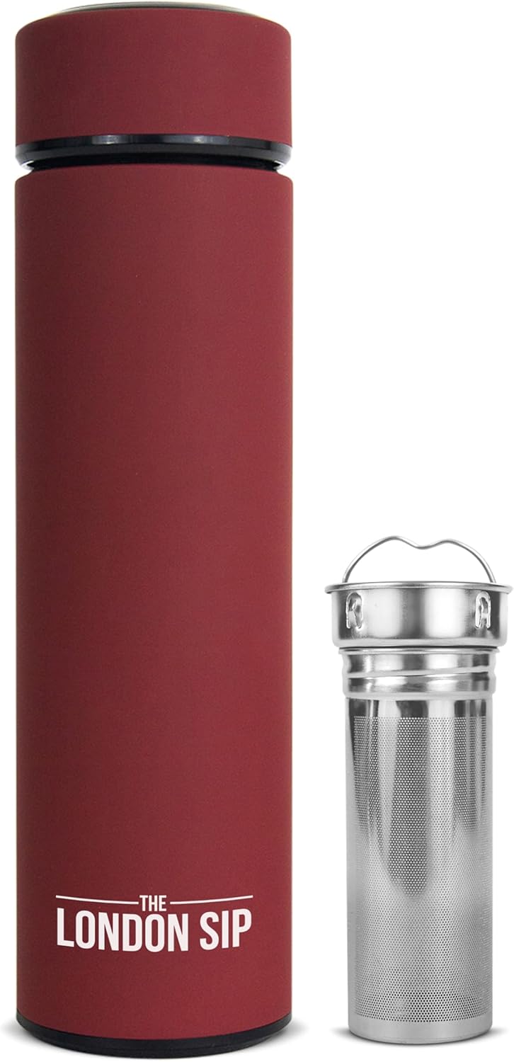 London Sip Multi-Purpose Travel Mug and Tumbler Fruit Infused Flask Hot and Cold Double Wall Stainless Steel Thermos with Extra-Long Infuser, Sacred Red