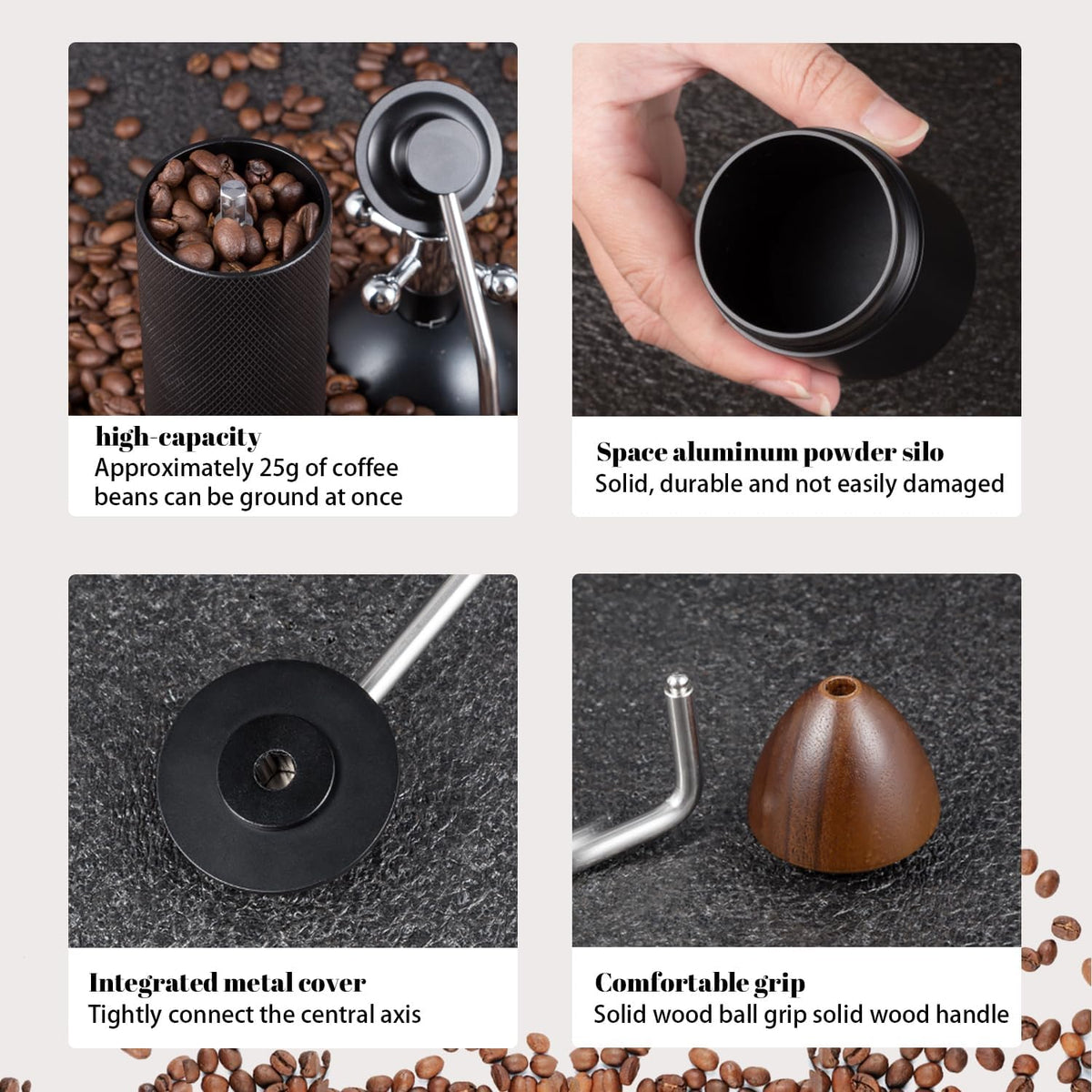 Manual Coffee Grinder Capacity 25 Grams, Stainless Steel Burrs - Wooden Handle, Burr Coffee Grinder for Home, Office, Camping, Hiking (Grey)