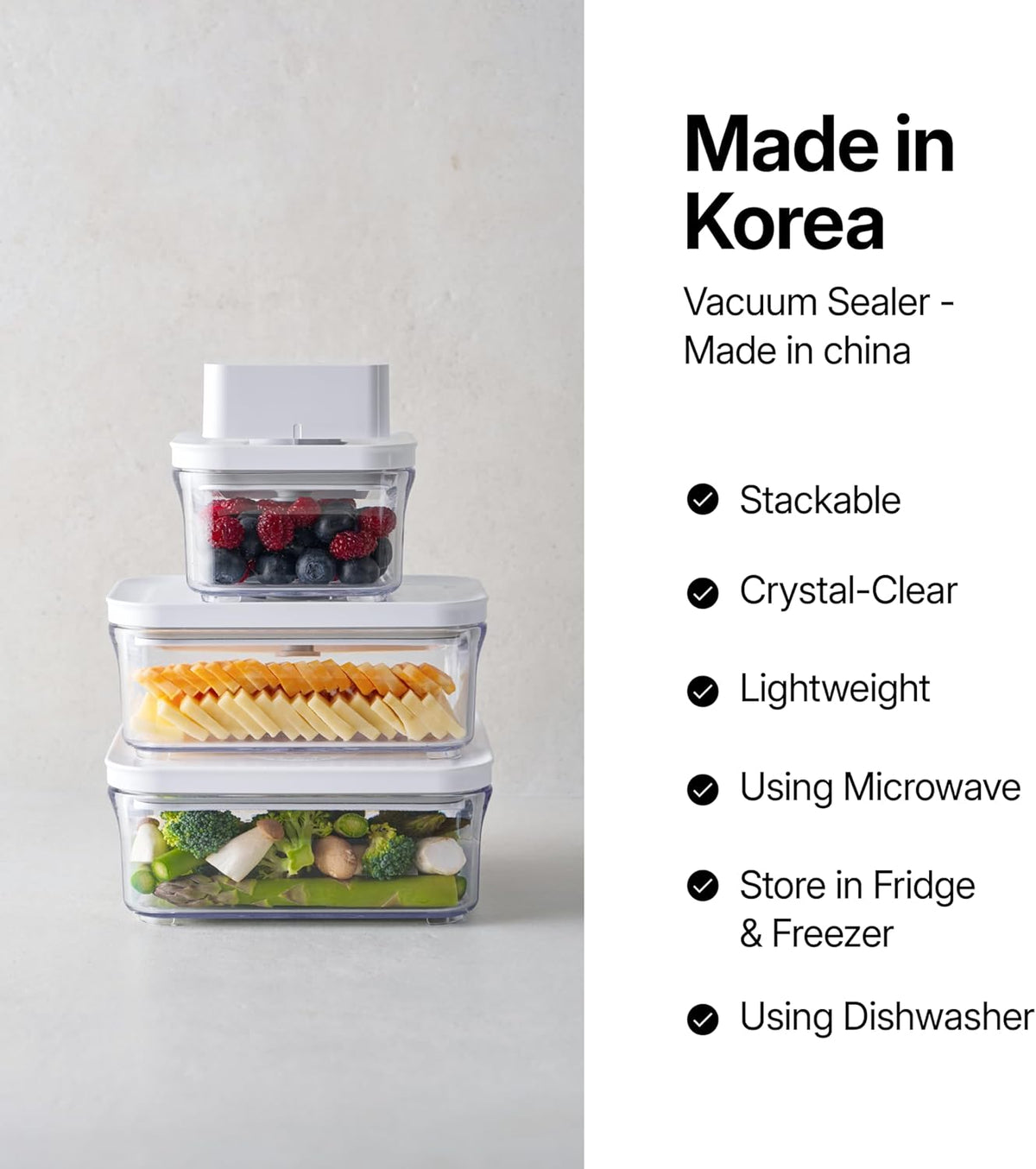 VAKUEN Premium Airtight Food Storage Containers, Mini Square 3pc/set(0.32qt), Smart One-Click Seal Lid, No Hinges, 100% Leak Proof, BPA-FREE, Dishwasher, Freezer & Microwave Safe
