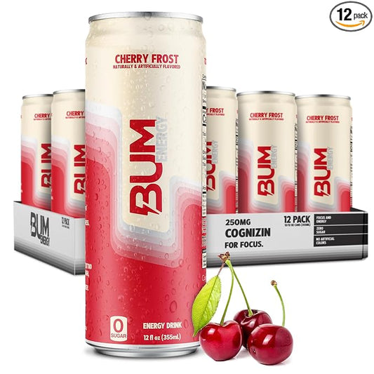 BUM Sugar-Free Energy Drink, Cherry Frost - Lightly Carbonated & No Artificial Colors, Natural Caffeine & Citicoline for Energy & Focus, Brain Boost & Workout Sports Beverage - 12 oz, Pack of 12