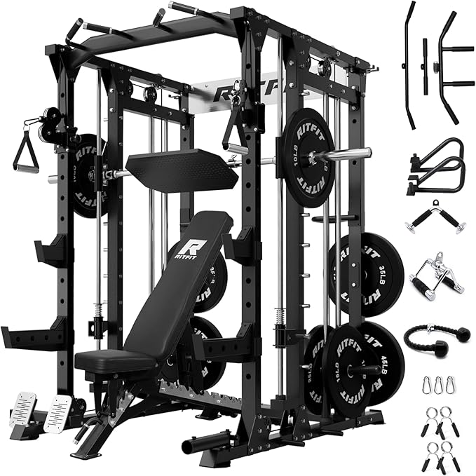 RitFit Buffalo Smith Machine, Power cage with LAT-Pull Down System & Cable Crossover System, All-in-One Squat Rack for Home Gym, Power Rack