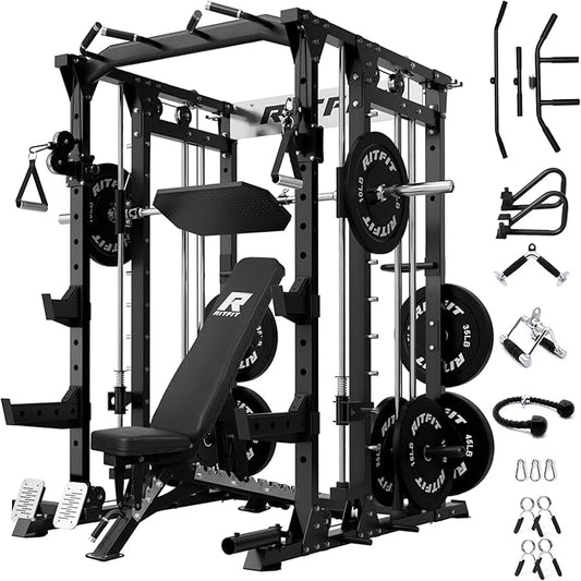 RitFit Buffalo Smith Machine, Power cage with LAT-Pull Down System & Cable Crossover System, All-in-One Squat Rack for Home Gym, Power Rack