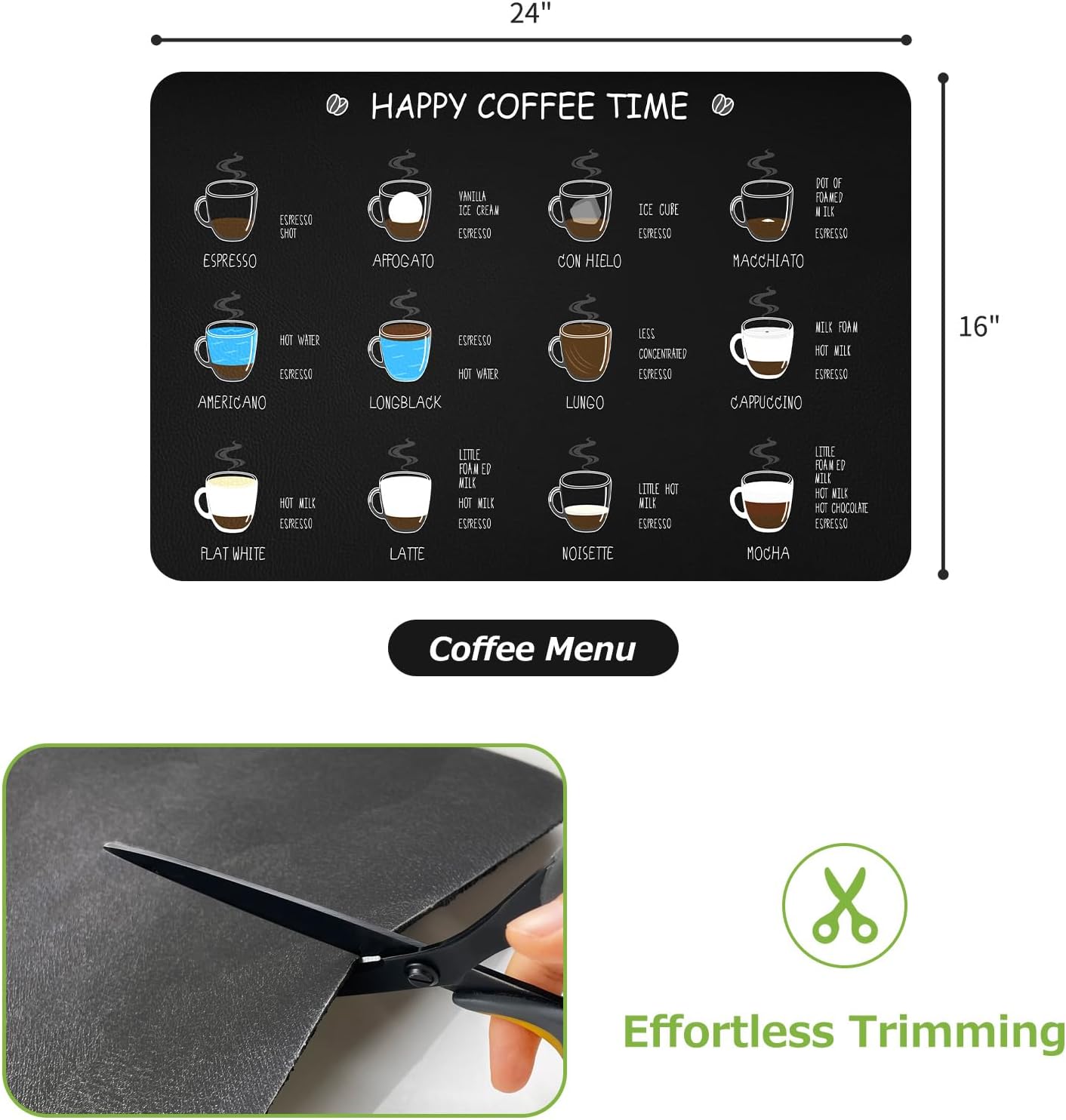 Matace Designer Coffee Bar Mat, Large 16 x 24 Inches, Rubber Backing, Absorbent Dish Drying Mat for Kitchen Countertop, Heat Resistant, Black