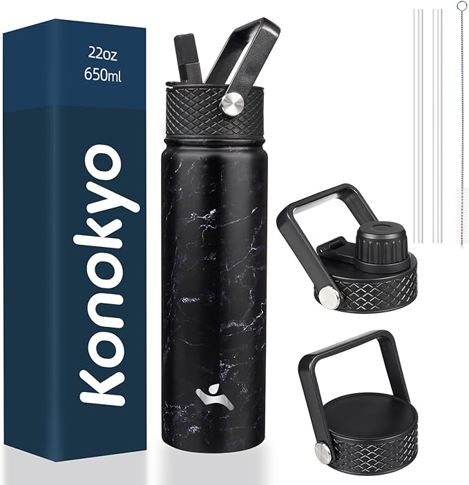 22oz Stainless Steel Bottles with 3 Lids Sport Insulated Water Bottle,Marble Midnight