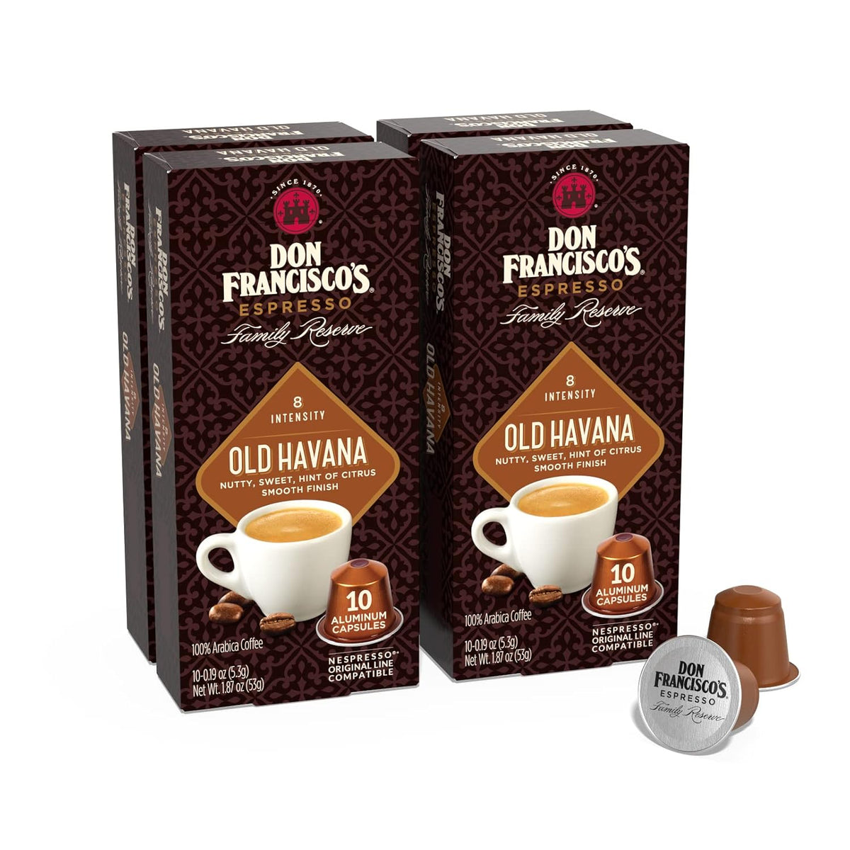 Don Francisco's Old Havana Espresso Pods: 40 Recyclable Aluminum Capsules, Intensity 8 Medium Dark Roast, Nespresso Original Line Compatible - Bold Cuban-Style coffee with Nutty Notes