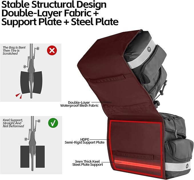 Bike Panniers Bike Bags Waterproof 40L Bicycle Saddle Bags for Rear Rack Luggage Trunk Bag Double Side Pannier Bag with Rain Cover Cycling Accessories, Black-L