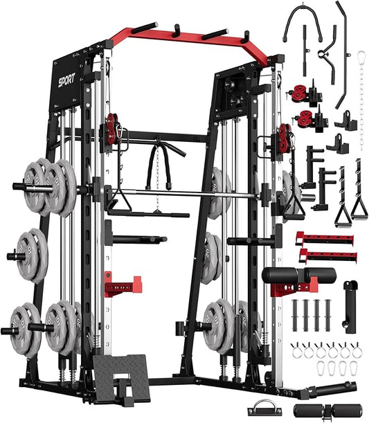 Smith Machine Home Gym All in One, 2200LBS Squat Rack Power Cage with Smith Bar, LAT Pull-Down, Cable Systems, Leg Hold-Down and More Attachments, Workout Equipment (Red Black)
