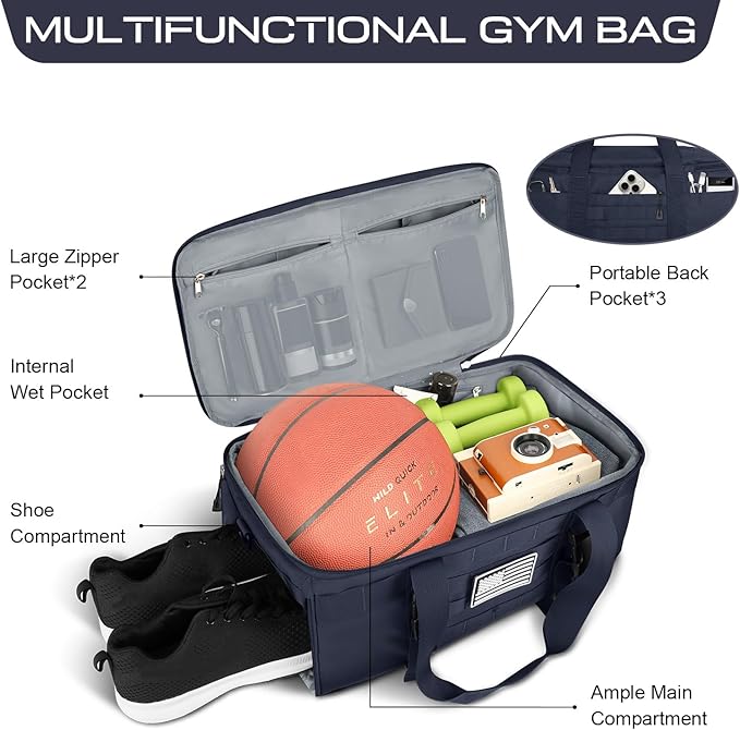 ETRONIK Gym Bags for Men Women, Military Travel Duffle Bag Backpack with Shoe Compartment, 3 in 1 Carry on with Wet Pocket, Weekender Overnight Range Backpack for Workout Football Gym, Blue
