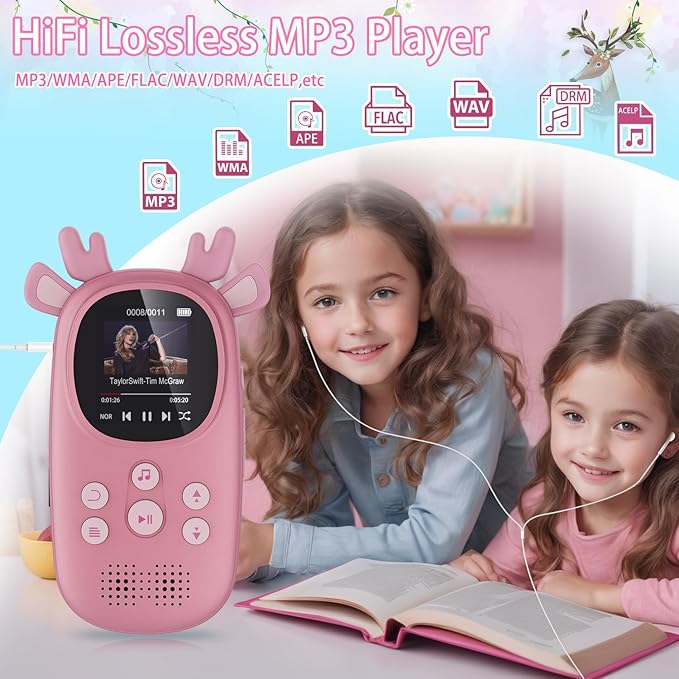 64GB MP3 Players for Kids, Cute Reindeer Portable Music Bluetooth Kid MP3 Player, Child MP3 Player with Bluetooth 5.3,Speaker, FM Radio, Alarm Clock, Voice Recorder, Stopwatch (Support up to 128GB)