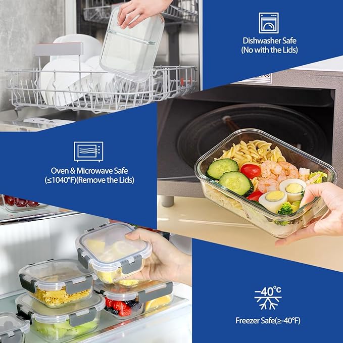 42pcs Glass Food Storage Containers with Lids Set, 21 Containers & 21 Lids Include One 2 Compartments Glass Meal Prep Containers with Snap Locking Lid Set, Leak Proof Lunch Container BPA-Free,Grey