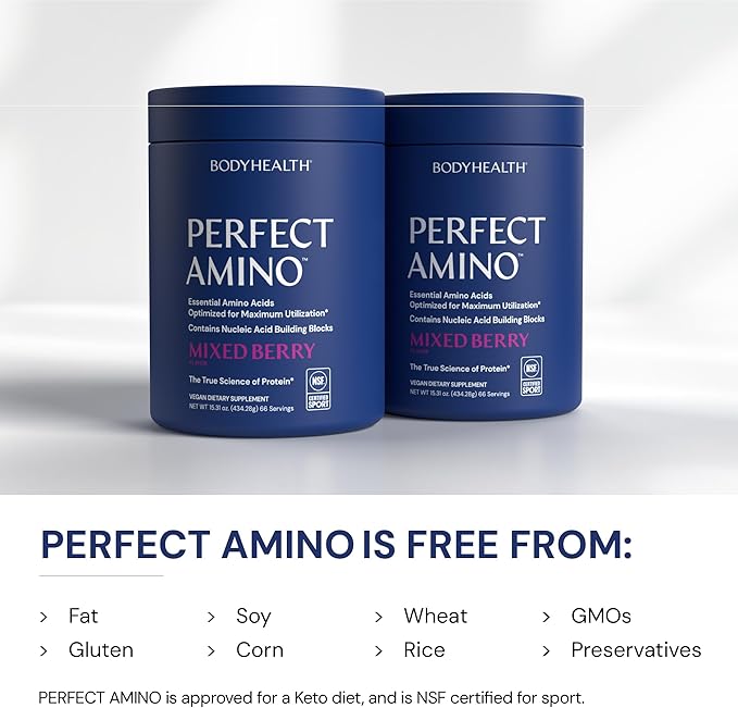 BodyHealth PerfectAmino Powder - BCAA and EAA Powder for Pre and Post Workout - Amino Acid Energy Drink to Support Lean Muscle and Recovery - NSF Certified for Sport - Mixed Berry - 66 Servings