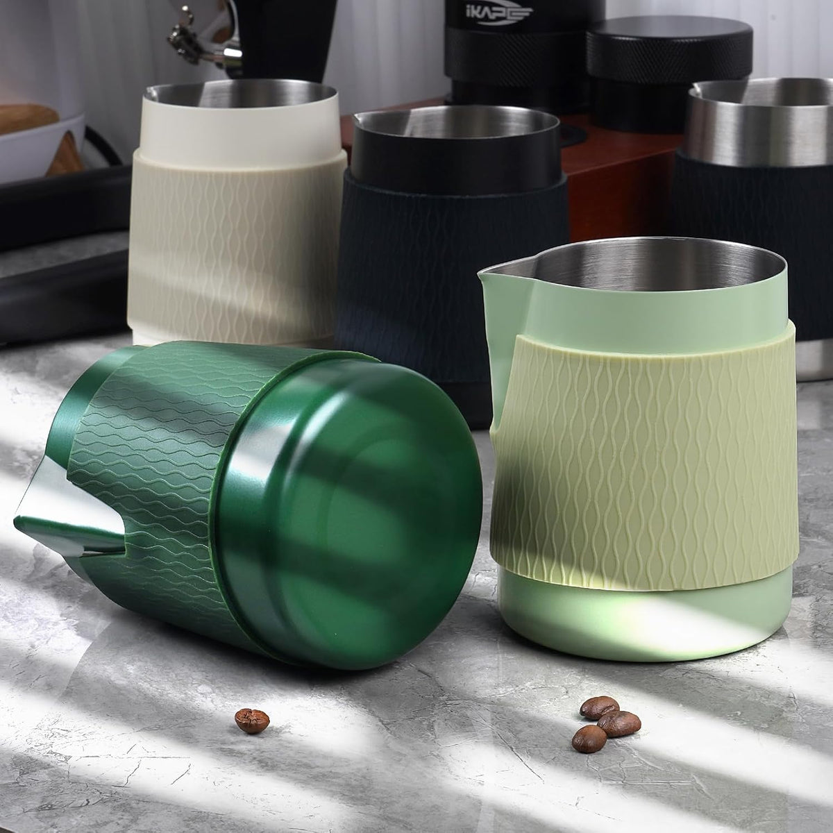 IKAPE Espresso Milk Pitcher, 15.04/450ml Milk Frothing Jug without Handle, Espresso Steaming Pitcher with Sharp Spout for Espresso Barista Tool(light green)