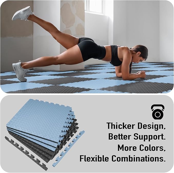 AIRHOP Upgraded 0.79" Extra Thick 48 Sq Ft High-Density Eva Foam Exercise Gym Mats, 12 Pcs Large Interlocking Puzzle Floor Tiles (24"x24") for Home Gym, Black&Blue