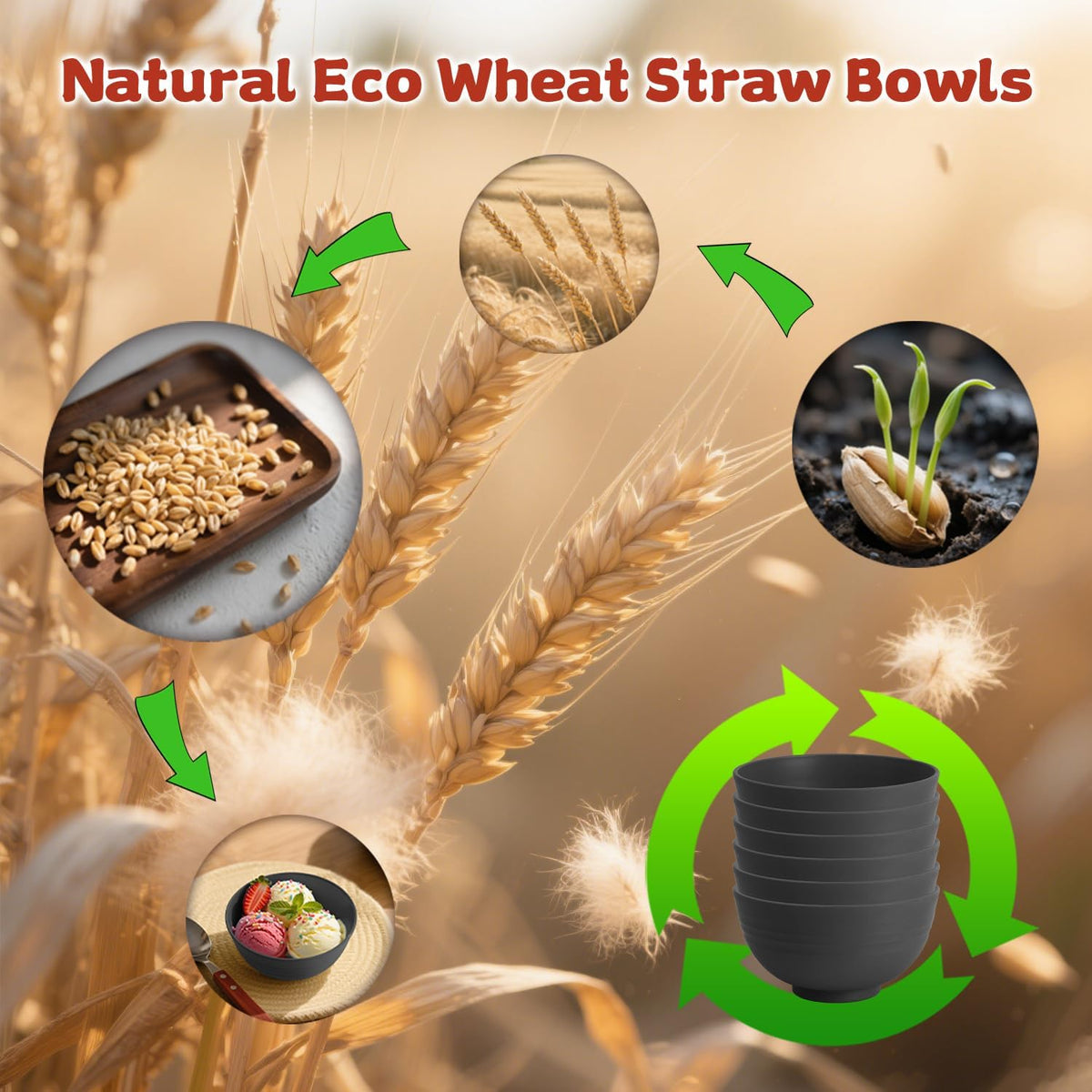 Handy Wheat Straw Bowls Set of 6,Unbreakable Ice-Cream Bowls Sets for Kids,10oz Small Dessert Bowls for Kitchen,Camping and RV.Black Series