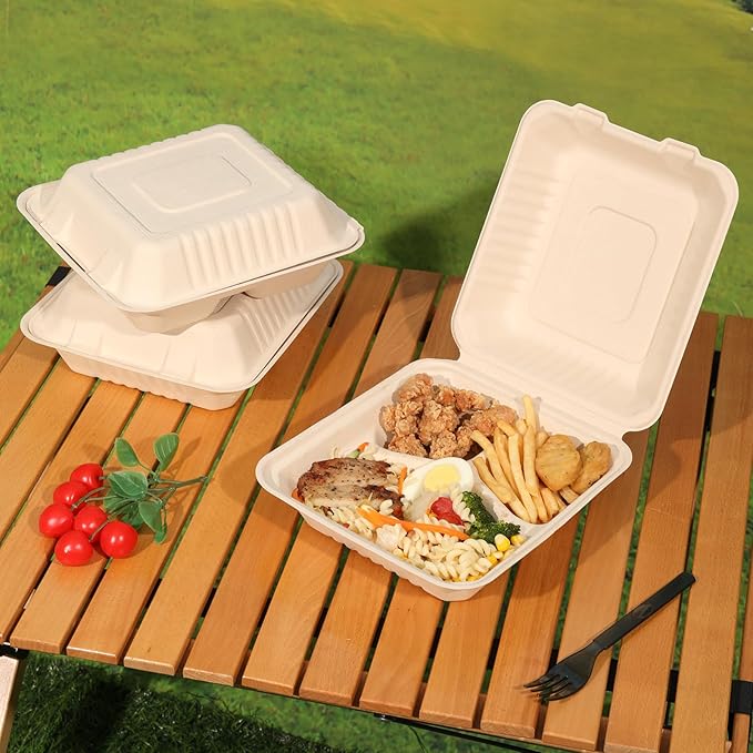 Aricsen 100 Pack 3 Compartment Compostable 8x9 Inch Takeout Lunch Box Containers with Lid To Go Take Out Clamshell for Food, Disposable Eco-Friendly Biodegradable Bagasse, PFAS-Free, Brown