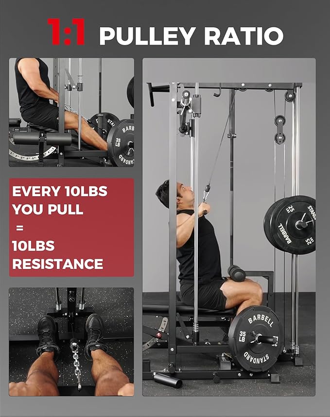 Mikolo Smith Machine Home Gym Power Cage (1:1 Ratio Strength Trainer) (Space Saving Design) (with 8 Free Attachments) Squat Rack for Full Body Training