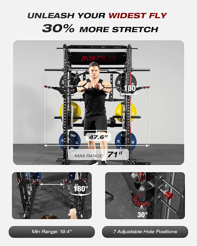 Mikolo Smith Machine, Multi-Function Power Cage with Dual Pulley System, Vertical Leg Press Attachment, Squat Rack Power Rack with More Training Attachment for Home Gym