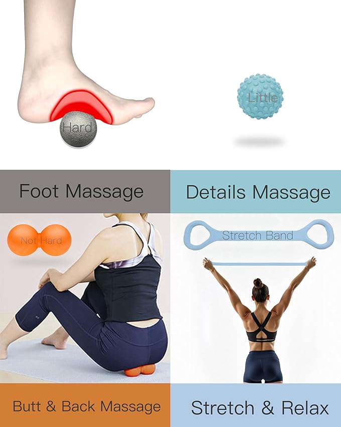 Massage Ball, Lacrosse Ball Massage Ball Therapy for Myofascial Release, Ball for Plantar Fasciitis Relief, Hard Ball,with Extra Soft Peanut Ball,Stretch Band