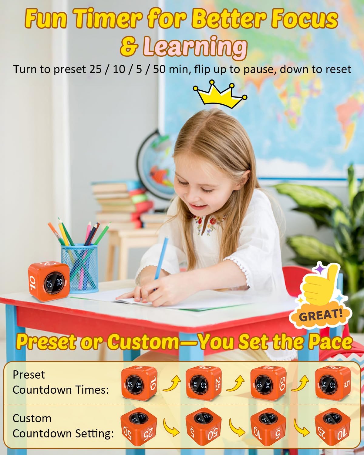 Pomodoro Timer Cube Visual Productivity Flip Timer for Kids Classroom Desk, 5/10/25/50min& Custom Countdown, Silent&Sound Mode Digital Cube for ADHD Study Work School Game Kitchen (Orange)