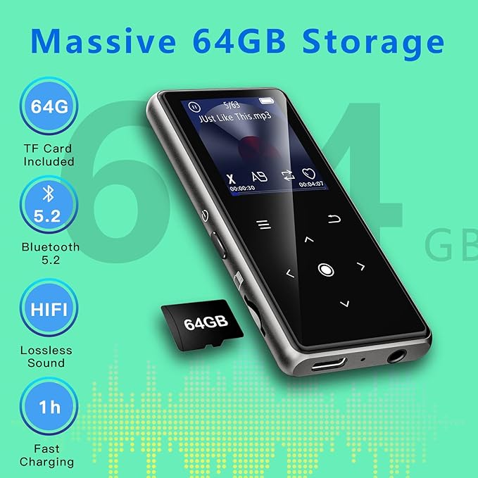 64GB MP3 Player with Bluetooth 5.2, AiMoonsa Music Player with Built-in HD Speaker, FM Radio, Voice Recorder, HiFi Sound, E-Book, Earphones Included