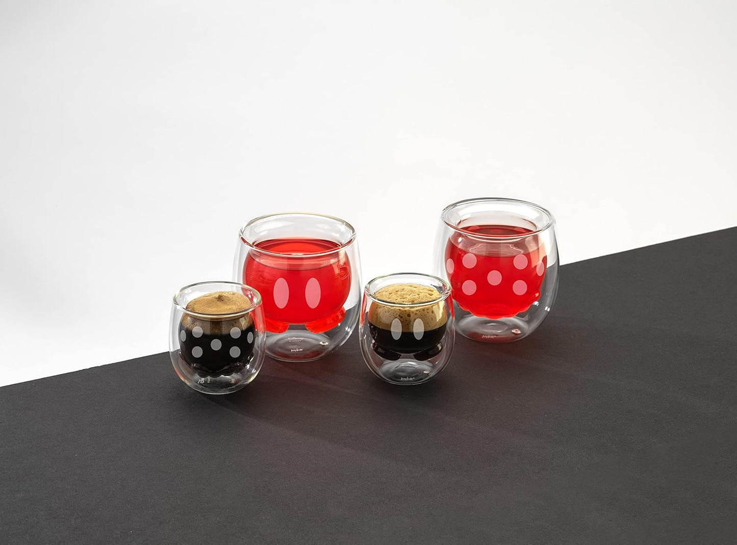 JoyJolt Mickey Pants and Minnie Skirt 3D 7.4oz Double Wall Glass Coffee Cups Set of 2, Disney Coffee Mug, Espresso and Tea Cups, Collection of Double Wall Glasses, Disney Gifts