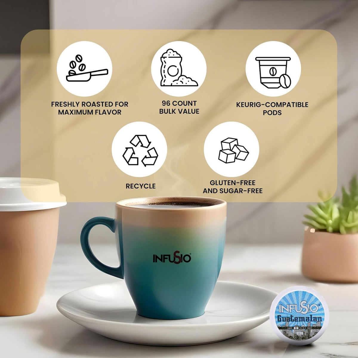 InfuSio Coffee Pods 96 Count Guatemalan Medium Light Roast Single serve Coffee pods for Keurig K Cup® Brewers - InfuSio Premium Roasted Keurig 2.0 Compatible