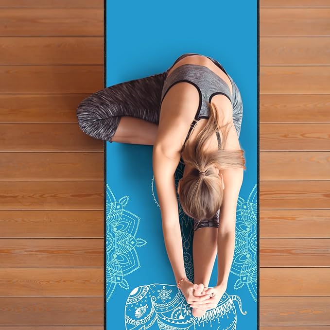 QiyI Yoga Mat Towel with Corner Pockets, Non Slip Sweat Absorbent Hot Yoga Towels, Soft Yoga Blankets with Travel Bag, Skidless Mat Cover for Workout, Gym, Fitness - 70"x26", Blue Mandala Elephant