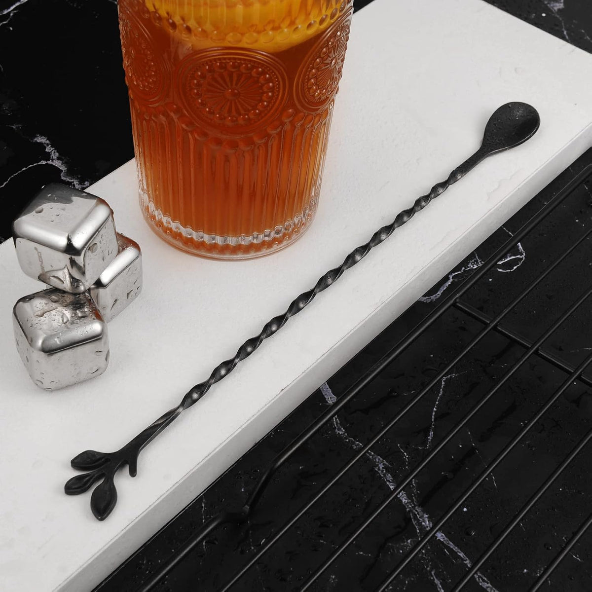 AnSaw Black 10-Inch Stainless Steel Cocktail Spoon with Leaf Handle - Perfect for Mixing & Layering Drinks in Tall Cups, Bar & Shakers - Durable Long Handle Bar Stirrer,1-Pieces