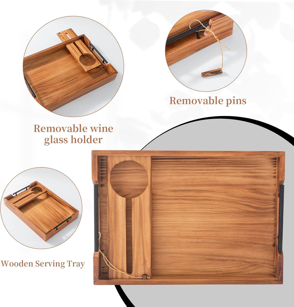 Serving Tray with Handles, 17"x12" Wooden Tray with Removable Wine Glass Holder Ottoman Tray Wood Serving Trays with Metal Handles for Breakfast, Dinner, Coffee Table, Food Drinks