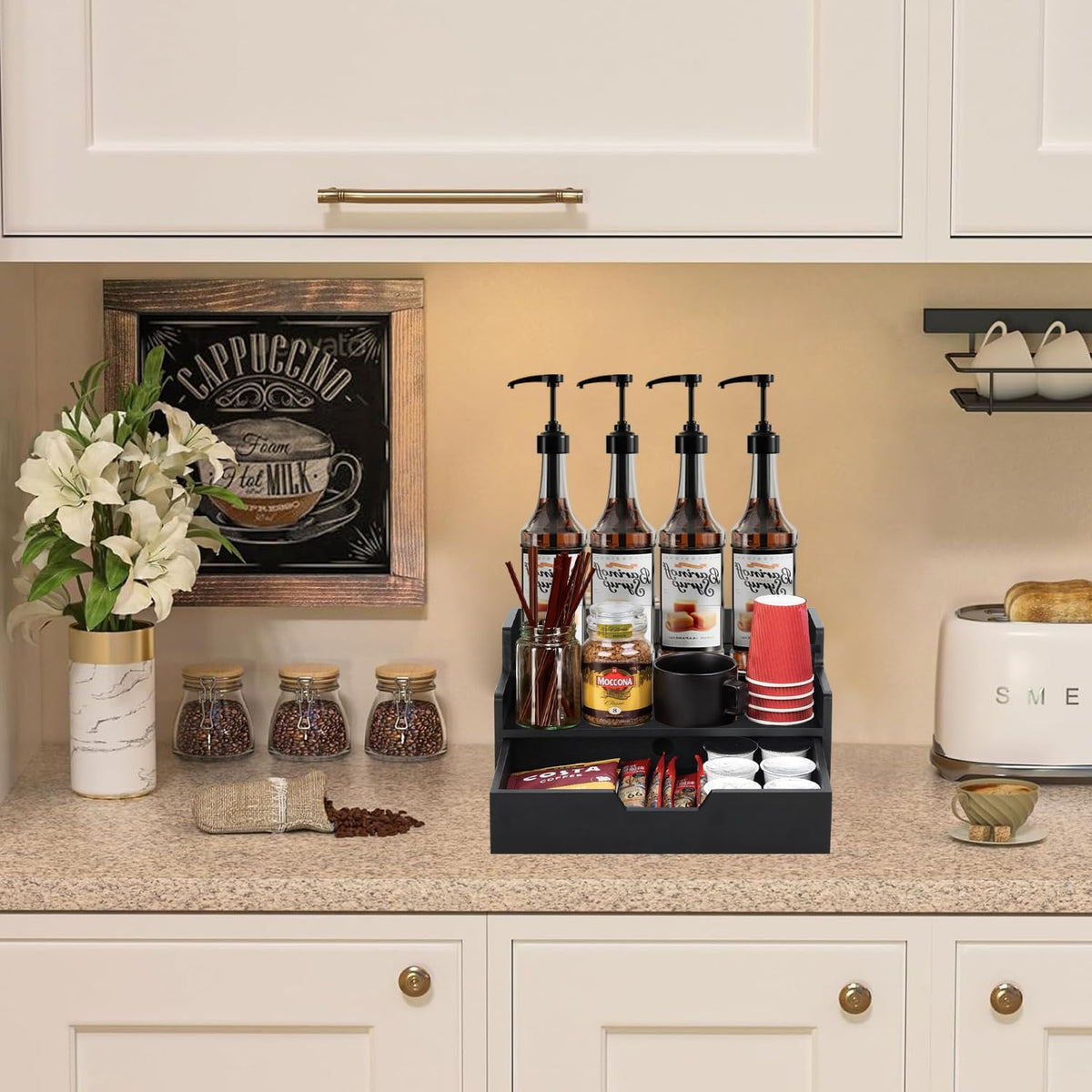 Coffee Pod Holder with Drawer, 3-Tier Wood K Cup Organizer for Countertop, Coffee Bar Organizer Storage Box, Coffee Station Organizer for Kitchen Coffee Station Decor
