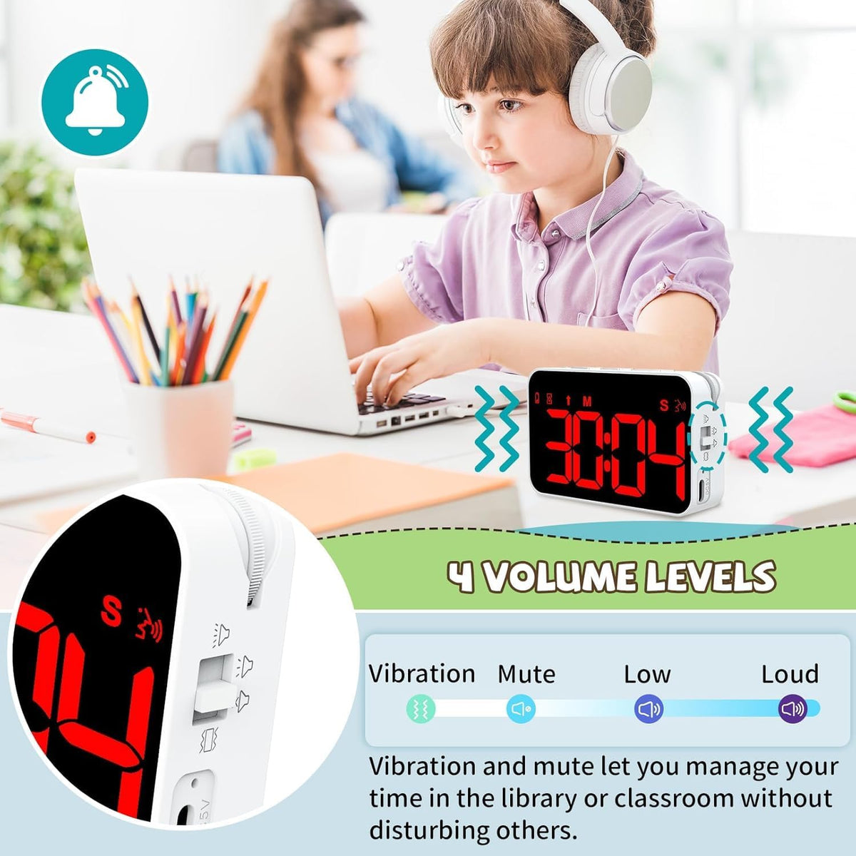 Digital Timer for Kids, 199min 59s Countdown/Up, Rechargeable, Magnetic, 3 Brightness Display, 3 Volume Levels and Vibration, with Sound Alert Function, for Kitchen, Classroom, Study, Fitness