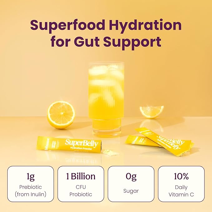 Blume New SuperBelly Gut Health and On-The-Go Hydration Packets, Sugar-Free, with Prebiotics, Probiotics, Apple Cider Vinegar, Vitamin C, and Electrolytes, Lemon Ginger, 15 Sticks
