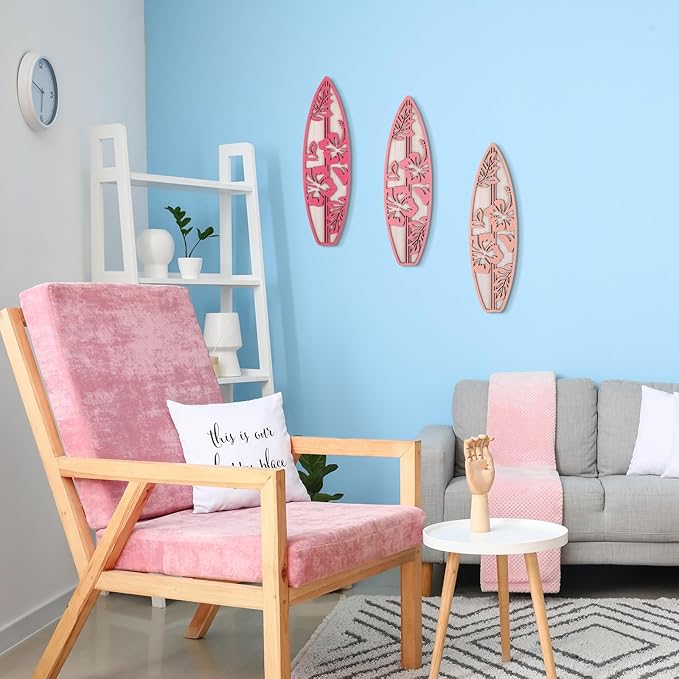 3 Pieces Hibiscus Surfboard Decor for Bedroom Wooden Beach Wall Decor Summer Wood Surfboard Wall Hanging Sign for Tropical Living Room Decoration(Pink)
