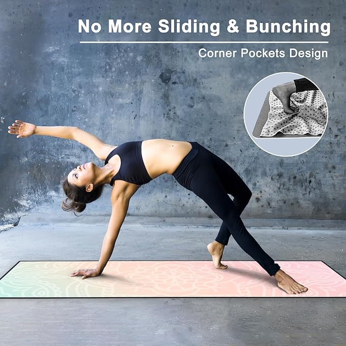 QiyI Yoga Mat Towel with Corner Pockets, Non Slip Sweat Absorbent Hot Yoga Towels, Soft Yoga Blankets with Travel Bag, Skidless Mat Cover for Workout, Gym, Fitness - 70"x26", Dreamy Pink Mandala