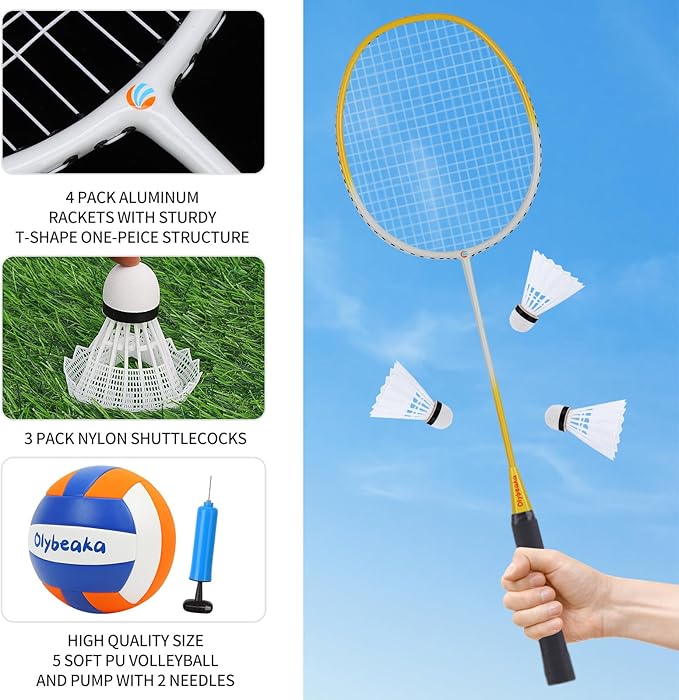 Badminton & Volleyball Combo Set 32 ft with Net, Anti-Sagging Design, 4 Badminton Rackets, 3 Birdies and PU Volleyball for Backyard Lawn Beach