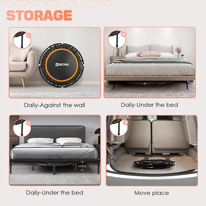 BCAN 40"/48" Rebounder Trampoline for Adult, 450/550LBS Fitness Trampoline with Bungees, Adjustable Handle, Stable & Quiet, Indoor Outdoor, Whole-Body Workout & Relaxation at Home for Women/Men