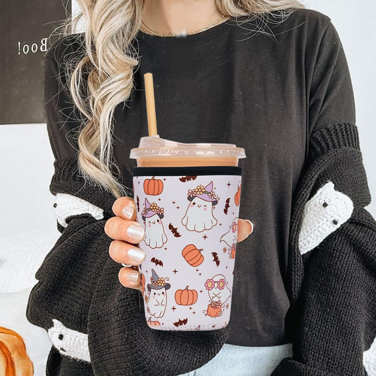 Reusable Insulated Neoprene Iced Coffee Cup Sleeve, Halloween Ghost for Boo Basket Stuffers, Durable Drink Sleeve for Cold Beverages, Beverage Holder for Iced Coffee, Halloween Spooky