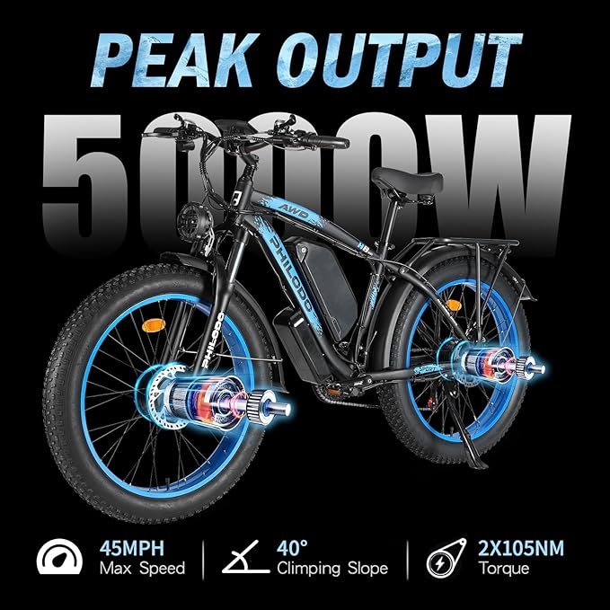 60V 26AH Battery Electric Bike,5000W Dual Motor Ebikes for Adults,Full Suspension Electric Bicycle,26x4 Fat Tires for All Terrain Dirt Bike,21-Speed Gear Electric Mountain Bike