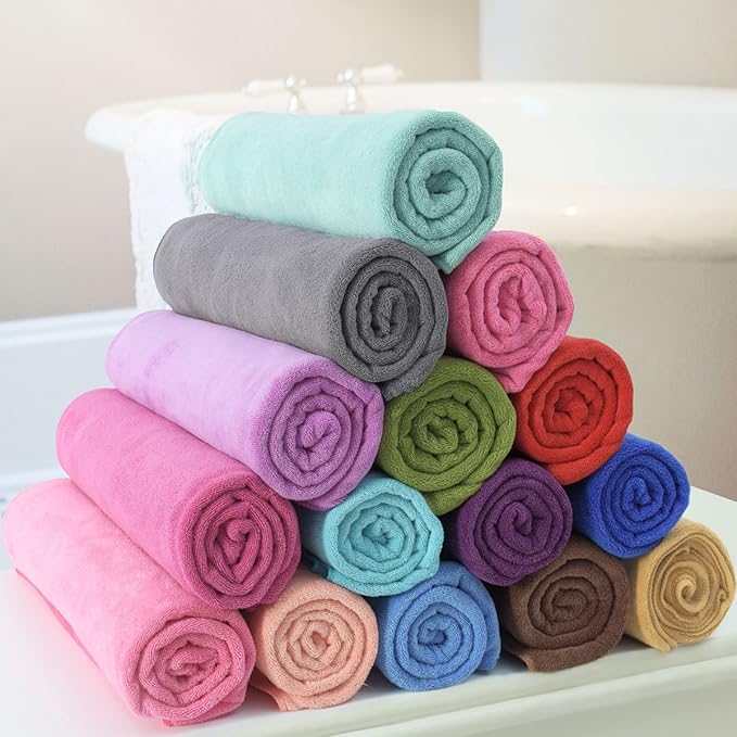 JML Microfiber Towels, Bath Towel Sets (6 Pack, 27" x 55") - Extra Absorbent, Fast Drying, Multipurpose for Bath, Swimming, Fitness, Sports, Yoga, Blue/Brown/Purple